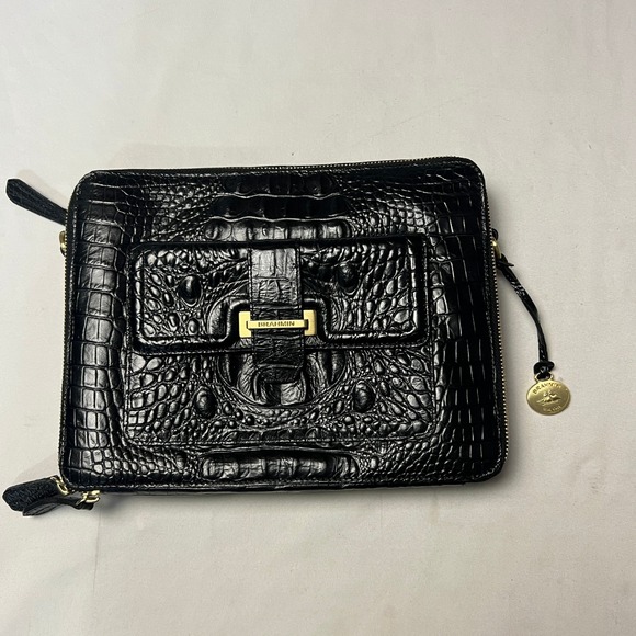 Brahmin Handbags - Brahmin Black Crocodile Embossed Leather IPAD Clutch Bag Zip Pouch Gold Folio **